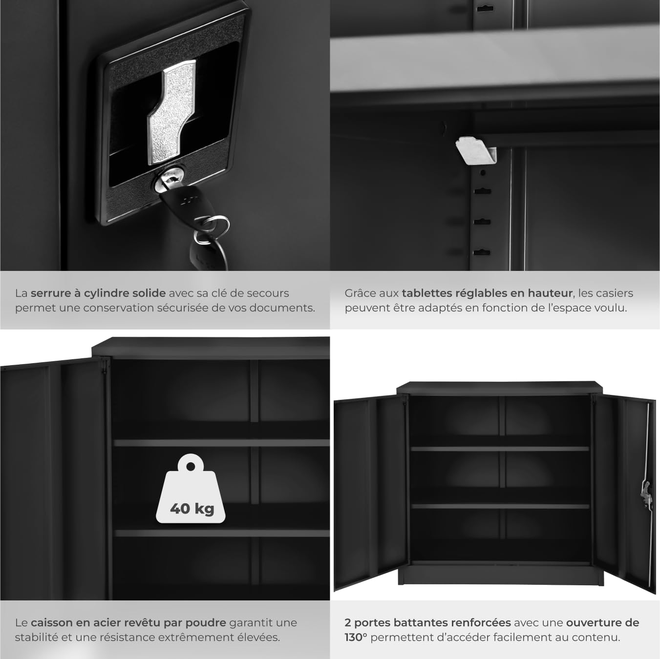 tectake® Armoire de Bureau métallique 90x40x90cm avec Serrure Rangement Bureau avec 3 Compartiments pour Classeur Rangement Documents Industriel Meuble 2 Portes, 2 Étagères Réglables en Hauteur