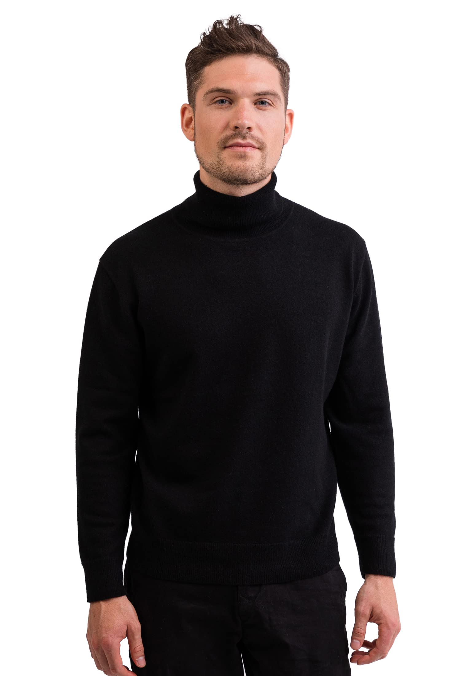 100% Cashmere Men's Turtle Polo Neck Jumper | Roll Neck Sweater (Black, L)