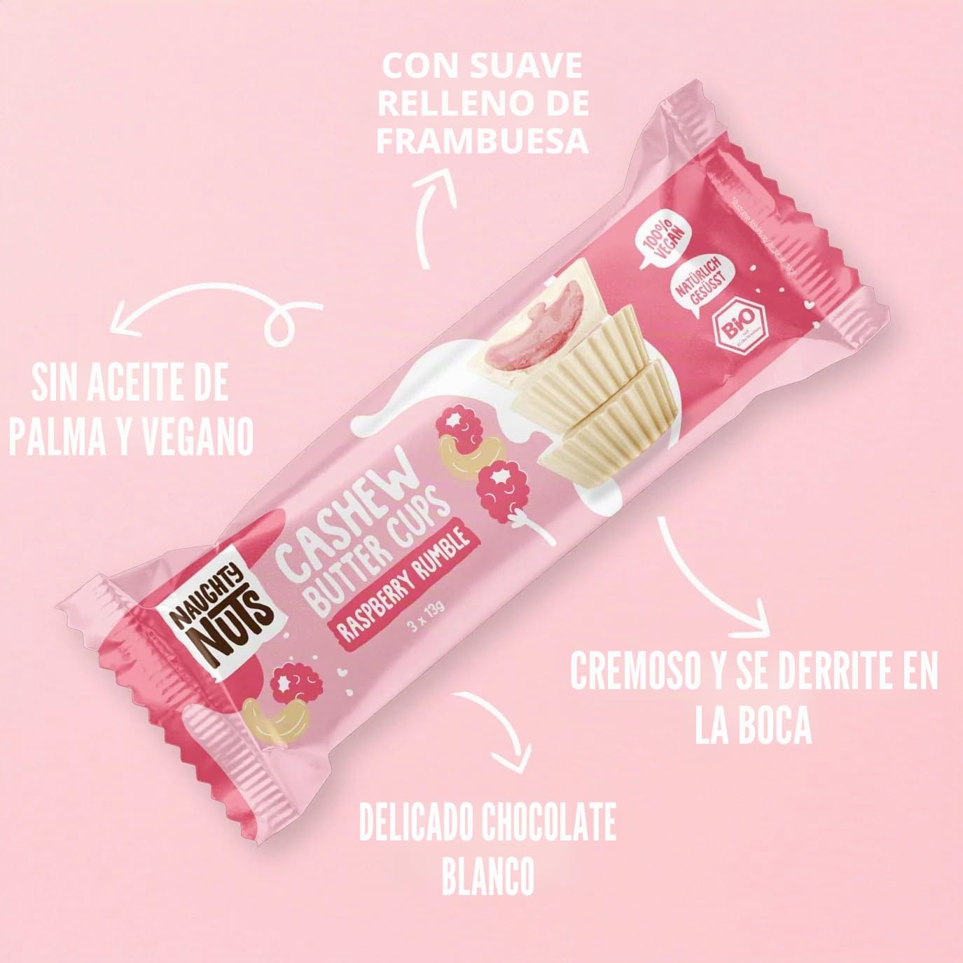 Naughty Nuts Bio Barritas de Mantequilla de Anacardos con Frambuesas y Chocolate - Veganas, sin Aceite de Palma y con un 53% Menos de Azúcares Refinados - 12 x 39 g
