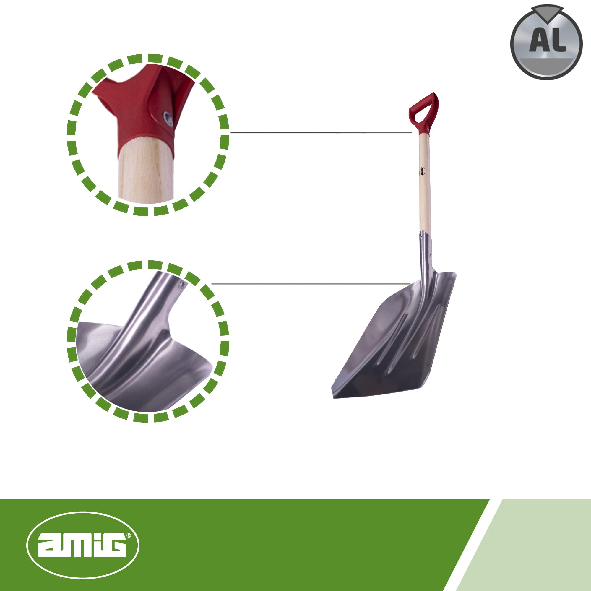 Amig - Pala da Giardino Quadrata | Pala con Lama in Alluminio e Manico in Legno per Scavare e Rimuovere Terra | Attrezzi per Orto e Giardinaggio in Finitura Argento| Misure: 110 cm.