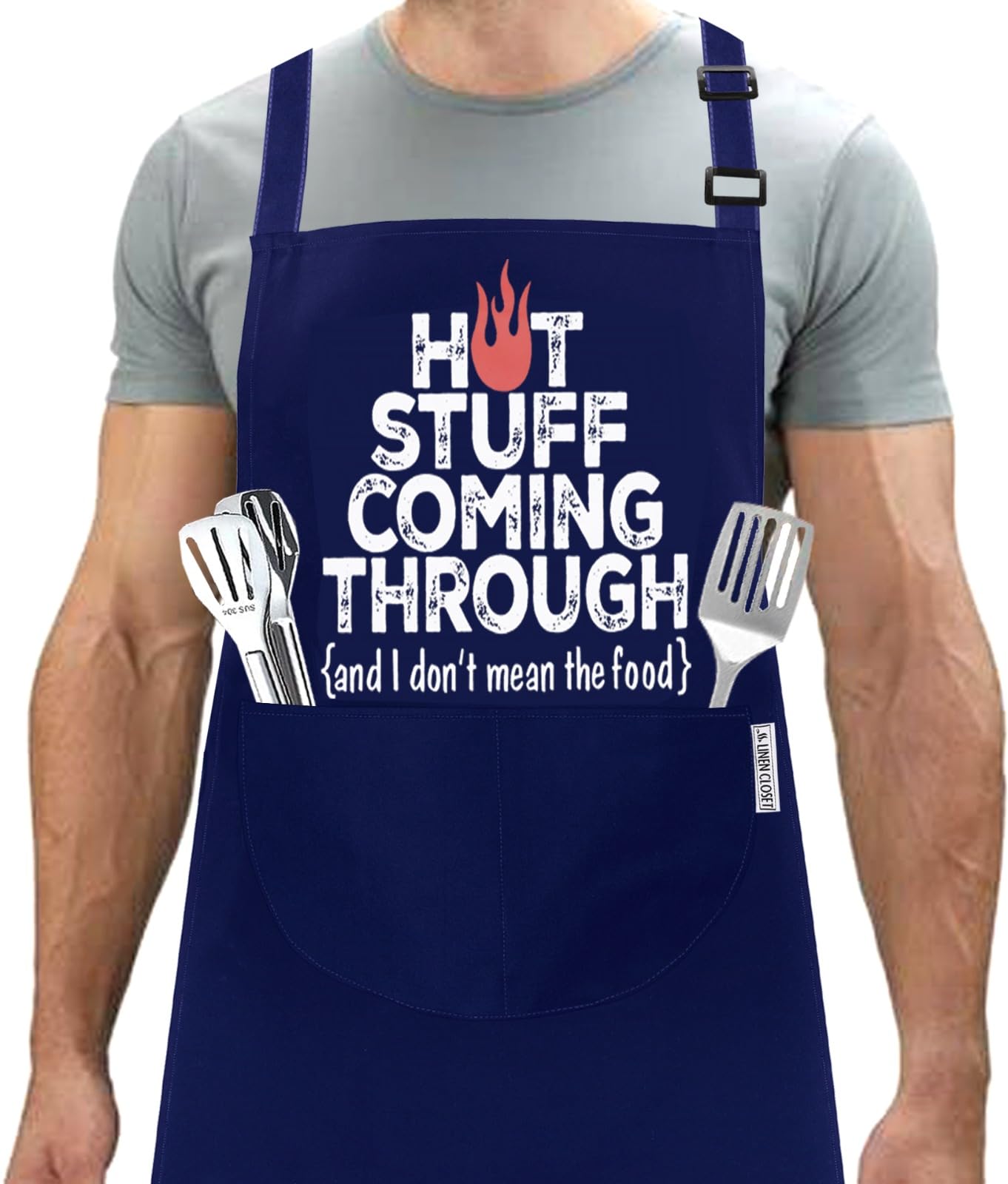 LINEN CLOSET® Hot Stuff Apron Funny Bbq Chef Cooking Kitchen Aprons for Men Christmas Grilling Gifts for Men Dad Father Husband 2 Pockets