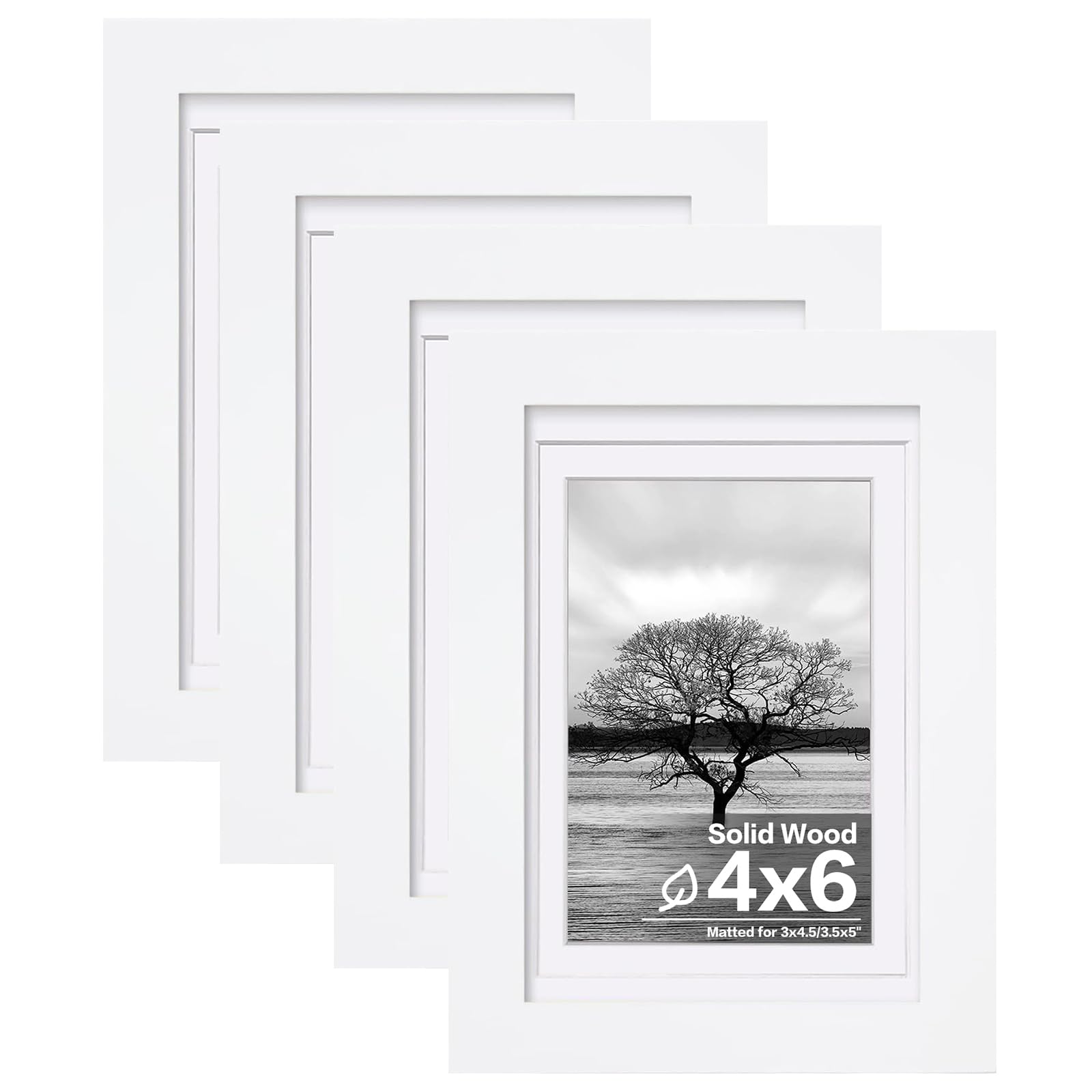 Egofine 4x6 Picture Frames Set of 4, Made of Solid Wood Covered by Plexiglass 3.5x5 with Mat or 4x6 without Mat, for Table Top Display and Wall Mounting Photo Frame White