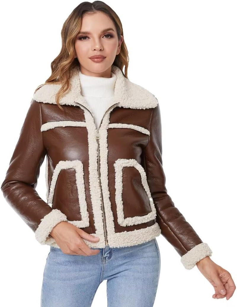 DIASHINY Women's Faux Shearing Fur Winter Coat Warm Thick Fur Lined Faux Leather Jacket Medium 038 Brown
