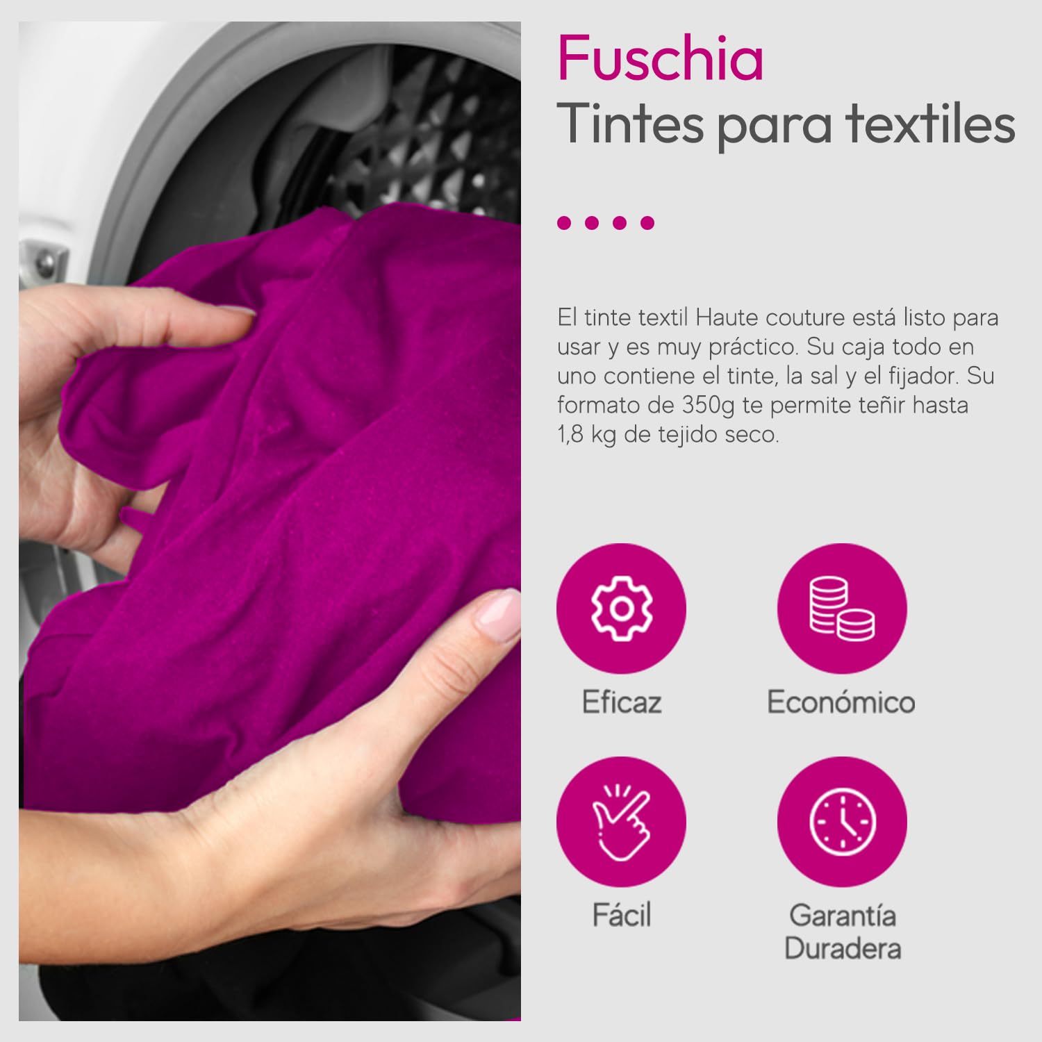 Haute Couture - Tinte para Ropa y Textil Rosa - Fuscia - 350g - Tinte Textil Todo en uno - Listo Para Teñir Ropa y Tejidos