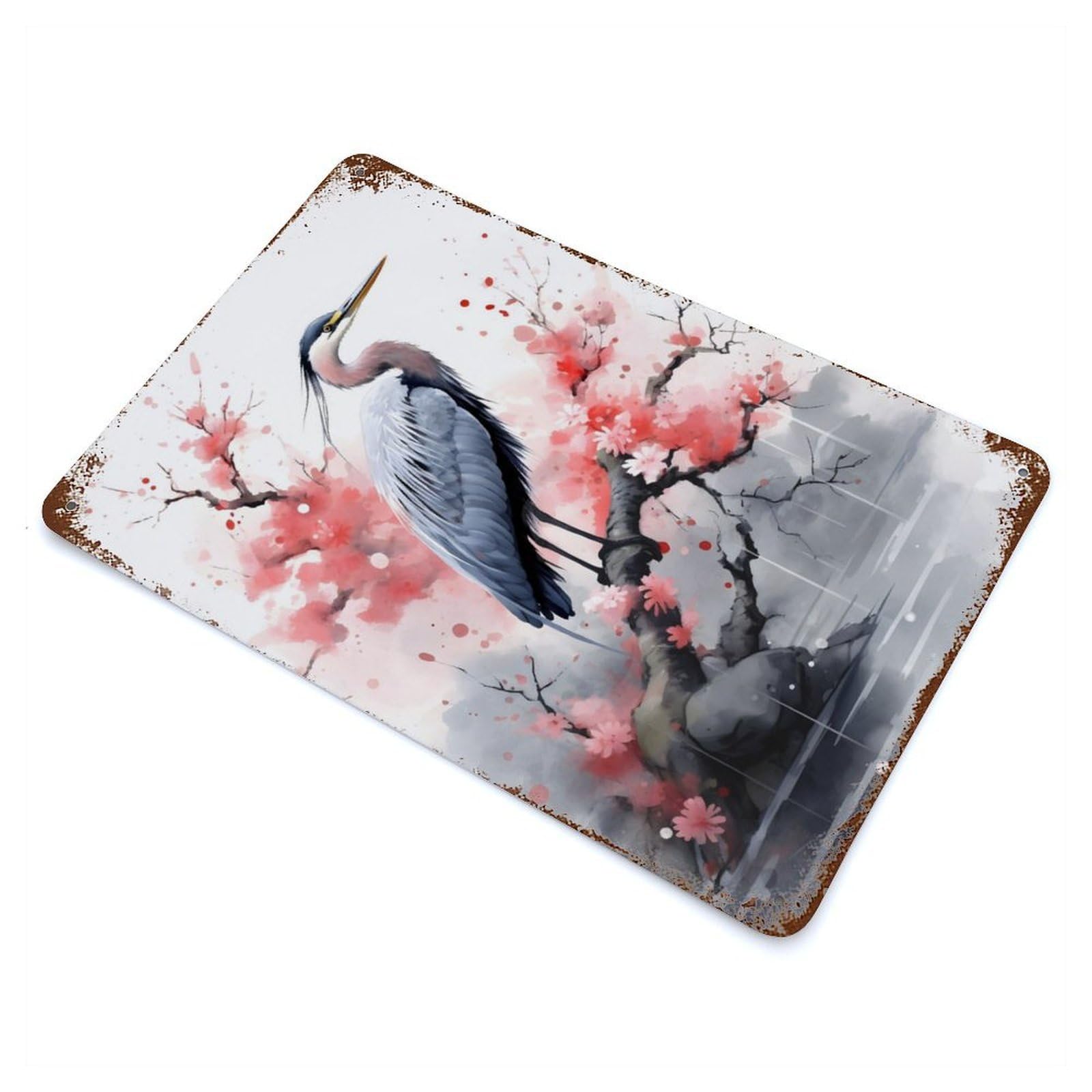 Heron Watercolor Vintage Wall Sign 11.8"x7.9", Rust Effect Metal Decor for Basement, Hobby Room And Garage Decor