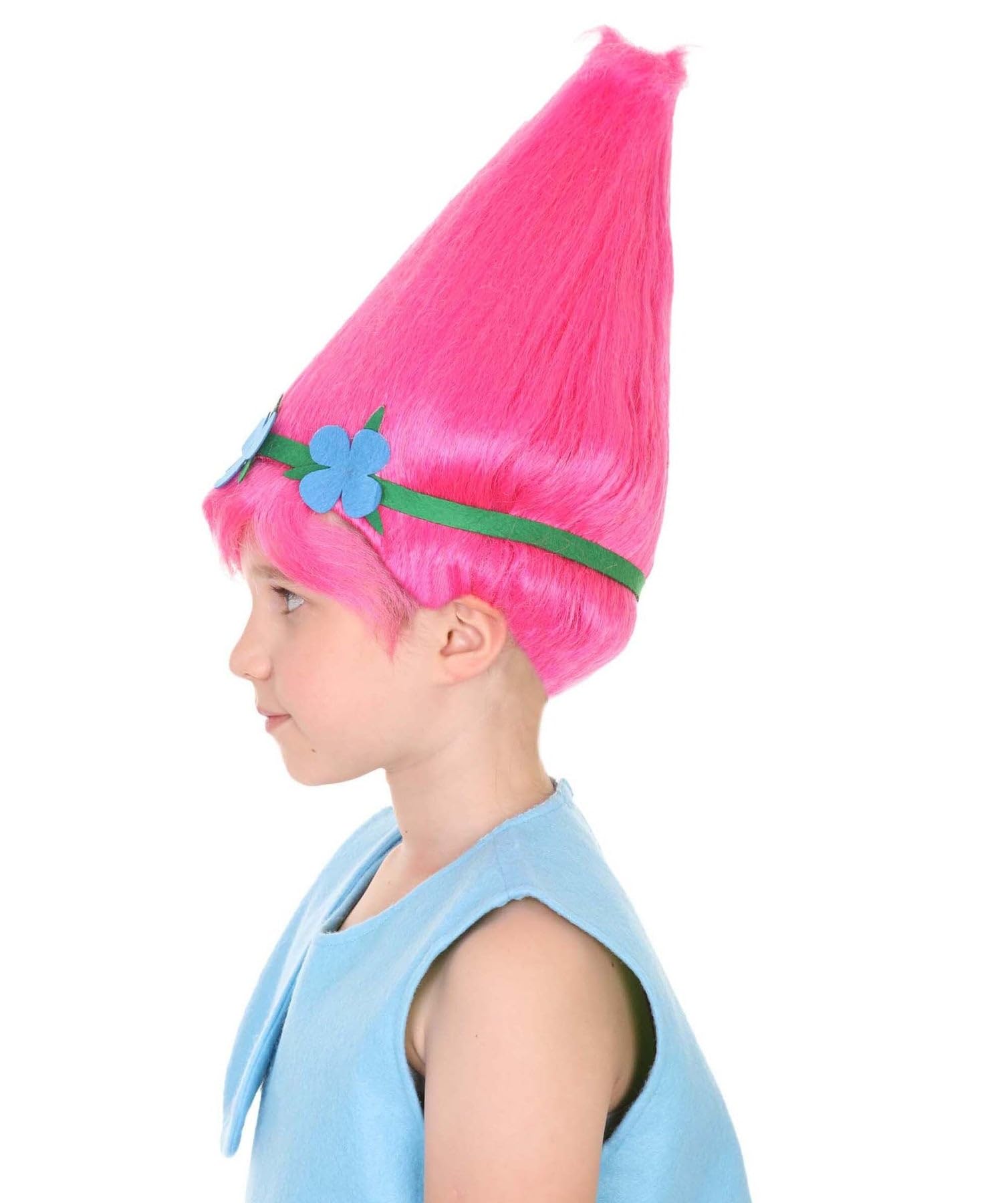 HPO Vibrant Pointed Princess Troll Pink Pointy Wig with Green and Blue Floral Crown for, Universal Design Flame-retardant Fiber - Image 2