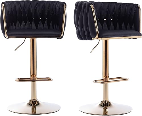 Hdxdkog Juego de 2 taburetes de bar giratorios de terciopelo, modernos taburetes ajustables con respaldo, base dorada y reposapiés para cocina,