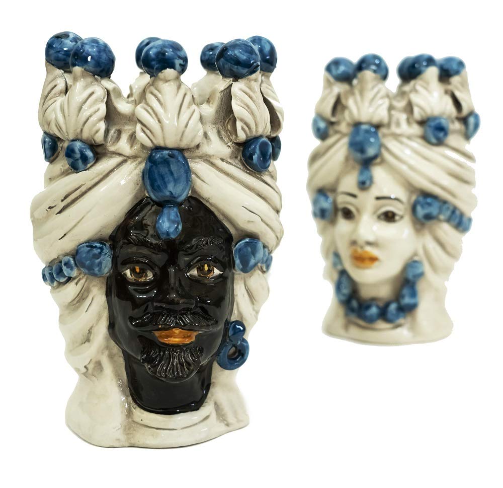 Generico Coppia teste di moro Caltagirone blu in ceramica siciliana vaso grande H 20 cm