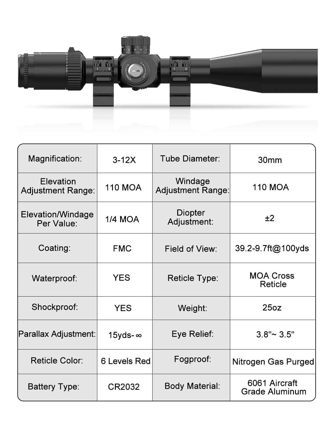 DISCOVERYOPT Mira telescópica LHD 3-12X42 FFP, óptica compacta y Liviana, Primer Plano Focal, 1/4 Moa, retícula iluminada roja de Seis Niveles, para Aventuras al Aire Libre con Tubo de 30 mm
