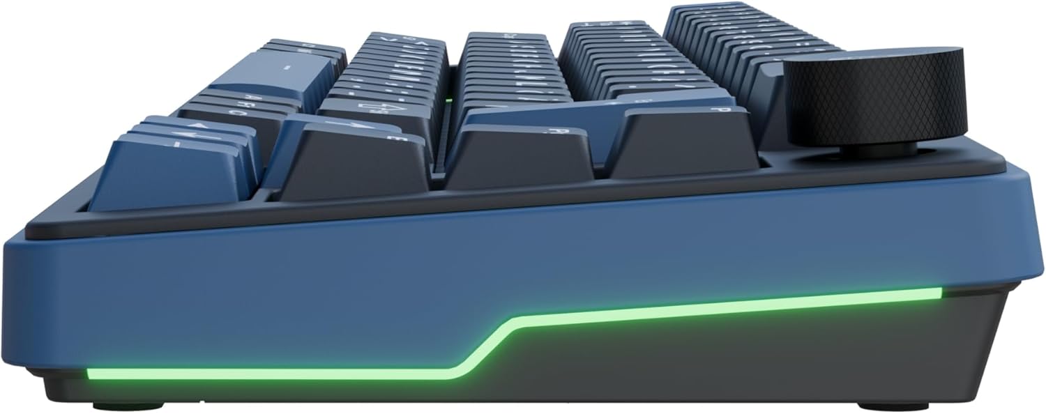 옆 view of the Ducky OK-M keyboard showing the illuminated green RGB strip along the bottom edge.