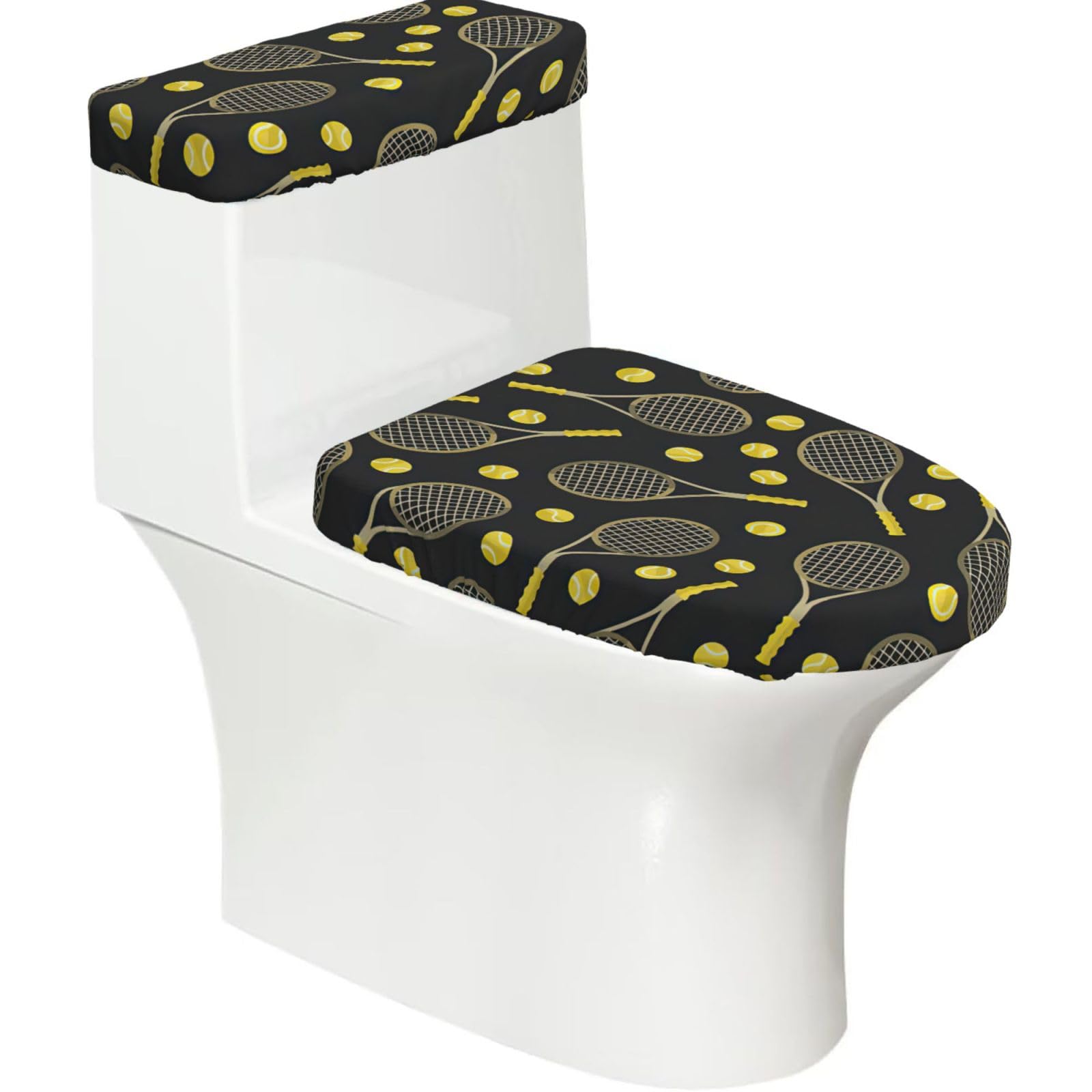 Funny Tennis Racquets and Tennis Balls Print 2-Piece Stretch Toilet Cover Set, Elastic Breathable Toilet Seat and Tank Lid Protector
