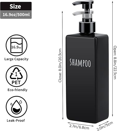 Miniatura 6 de Segbeauty Dispensador de jabón cuadrado negro, 3 piezas de botellas de champú y acondicionador recargables de 16.9 onzas, botella de bomba de
