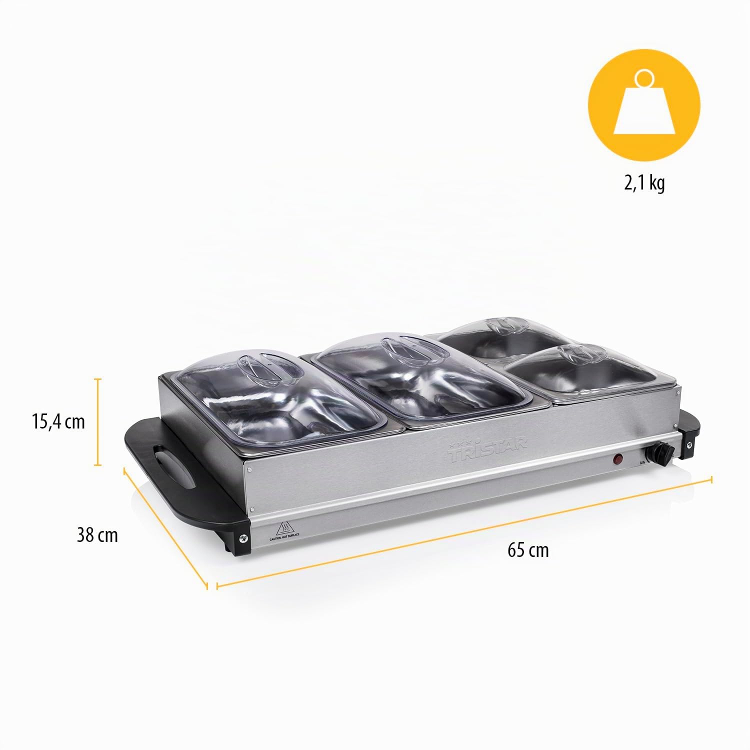 Tristar Serveur de buffet – 2 x 2,4 L + 2 x 1 L – Fonction maintien au chaud – plaque chauffante avec thermostat – 4 bols en inox et de couvercles en plastique – BP-6285