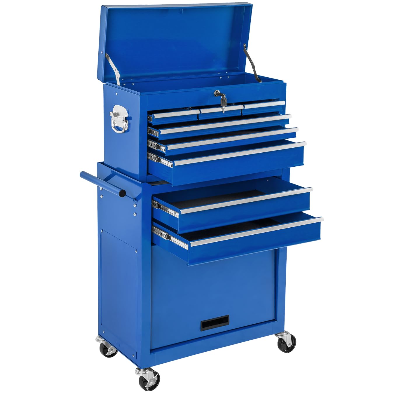 tectake® Tool Cart and Chest Set, 10 Compartments, incl. 8 Drawers and 2 Open Boxes. Mobile Trolley with Ball Bearing Slides, Non-Slip Mats, Wheel Brakes and Lockable Case. Powder Coated Steel - Blue — image 1