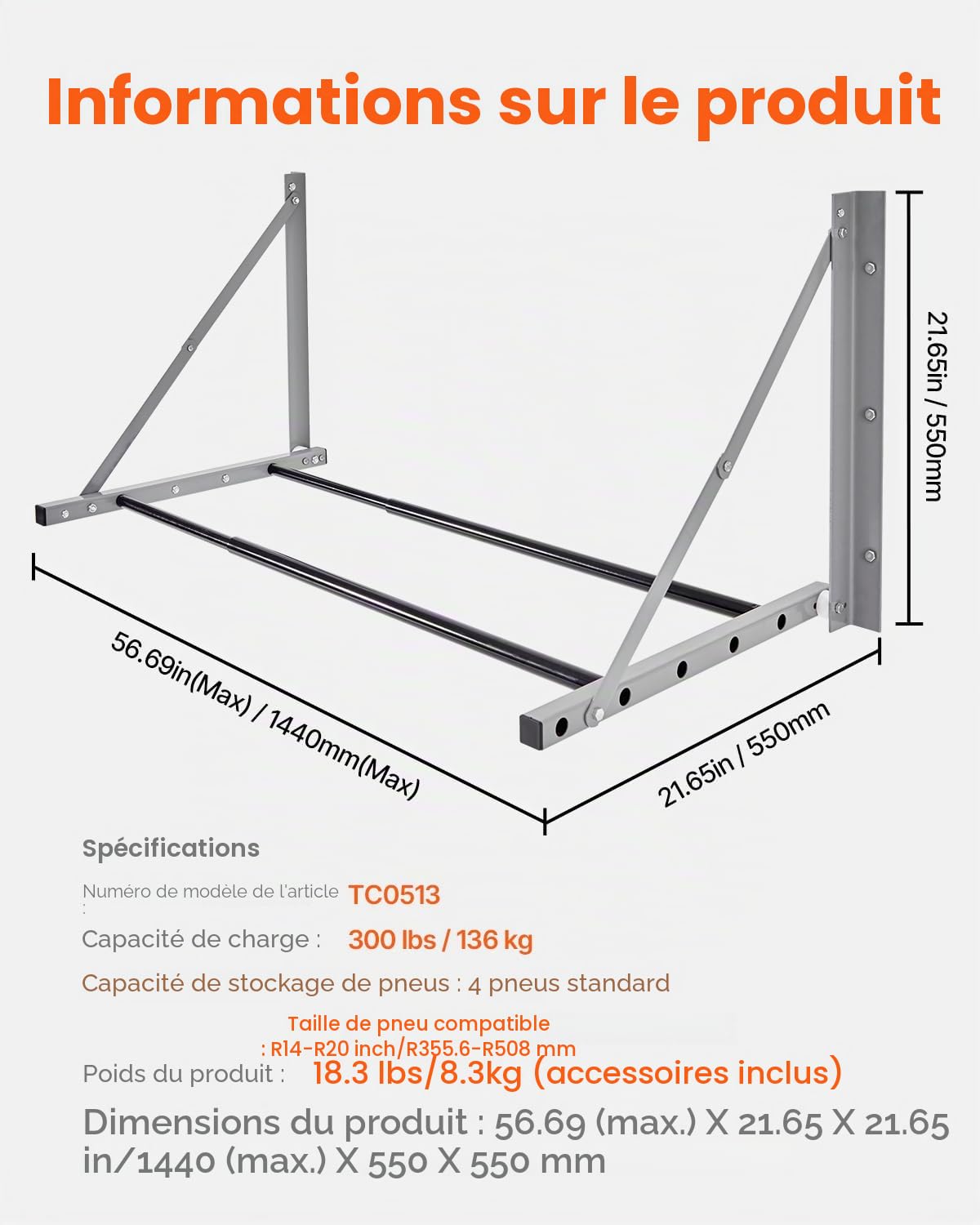 VEVOR Support de Rangement pour Pneus Mural Pliable, Rack à Pneus Réglable 81-122 cm, Étagère de Stockage de Pneus en Acier Q235, pour Pneus Standard R14-R20, Charge Max. 136 kg, pour Garage Atelier