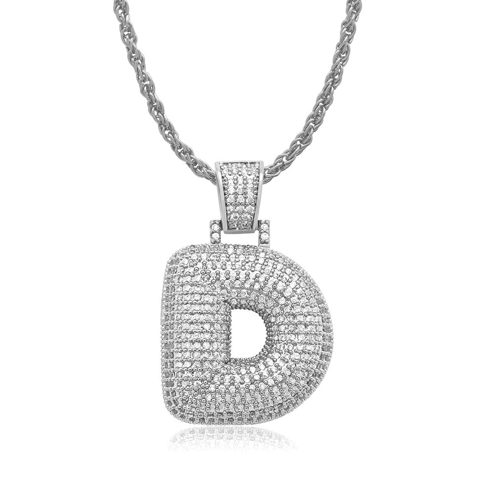 LuReen CZ Diamond Bubble Letters Pendant with 24" Rope Chain Necklace for Men Women Boys + Extra 20" Rope Chain (Silver D)