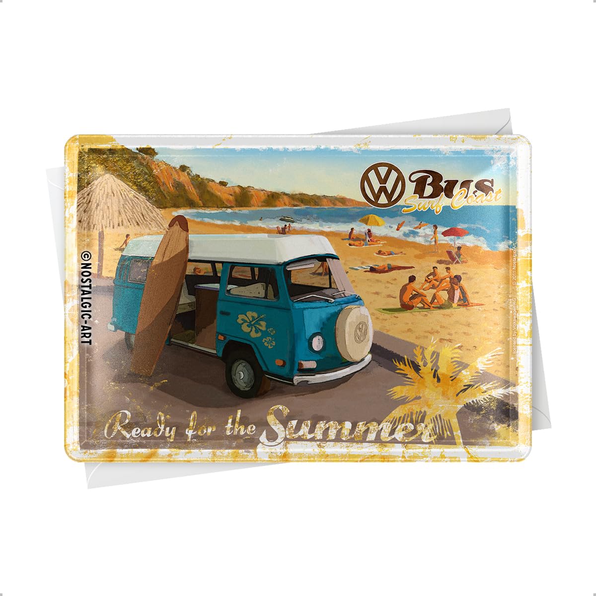Nostalgic-Art Retro Tin Postcard, 10 x 14 cm, VW Bulli - Ready for the Summer - Volkswagen Bus Gift Idea, Metal Postcard, Mini Tin Sign as Greeting Card