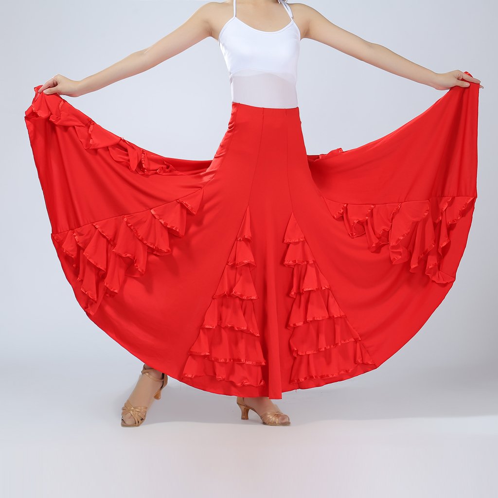 Latin Tanzkleid mit Langem Rock Flamenco Kleid Rock Und Square Dance Rock Aus Elastischer Polyesterfaser für Geschenk Heimdekoration Tanzkurs