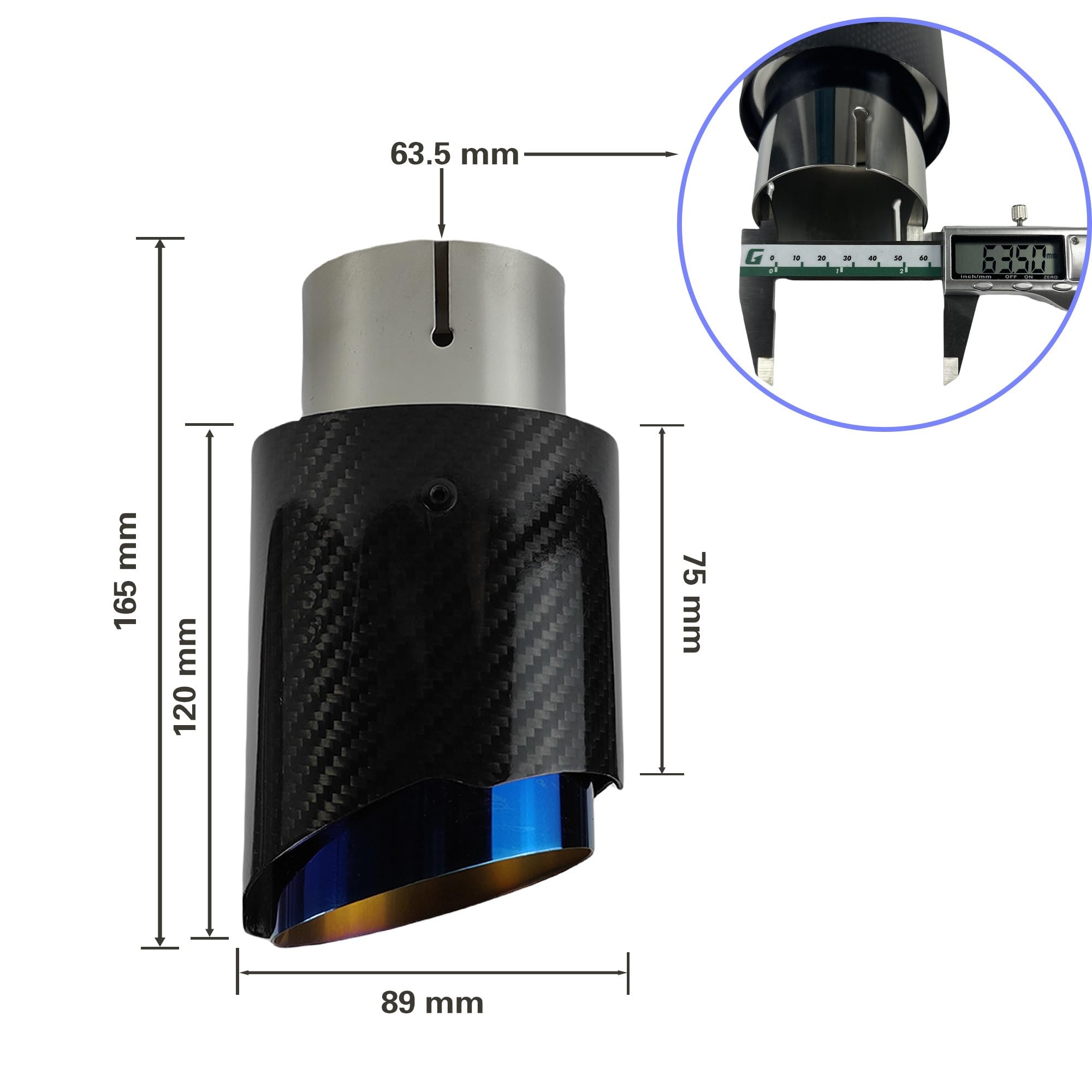 Car Silencer Tylna gardło samochodu z włókna węglowego Tłumik ze stali nierdzewnej Niebieskie poszycie Twill Błyszczący tłumik Końcówka dyszy wydechowej Tłumik Samochodowy(63mm-89mm)