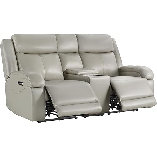 Watson & Whitely Genuine Leather Power Loveseat Recliner Sofa, Wall Hugger Loveseat Reclining Sofa with Storage Console, Power Headrest, Cup Holders, Dual Recliners for Living Room, RV, Grey