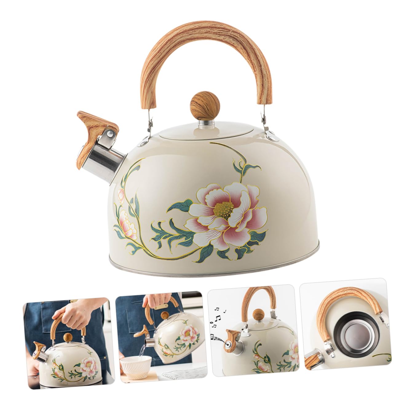 SOIMISS Hervidor de Agua Silbante Ligero de Acero Inoxidable Diseño de Flores y Capacidad de 3l, Adecuado para Estufa y Cocina Diaria