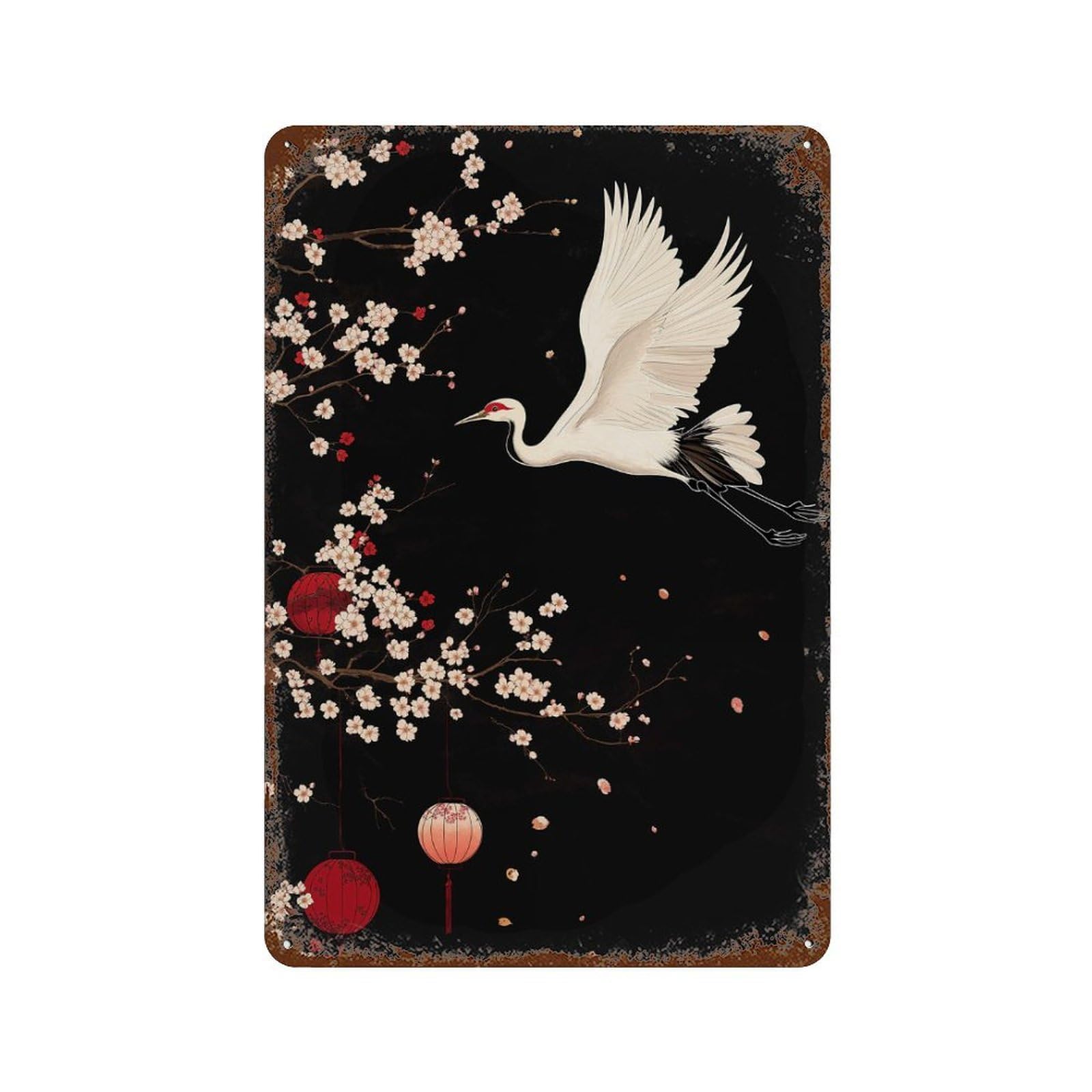 Crane Cherry Blossoms Rustic Tin Plaque 11.8"x7.9", for Pub, Kitchen And Man Cave Decor, Vintage Wall Decor