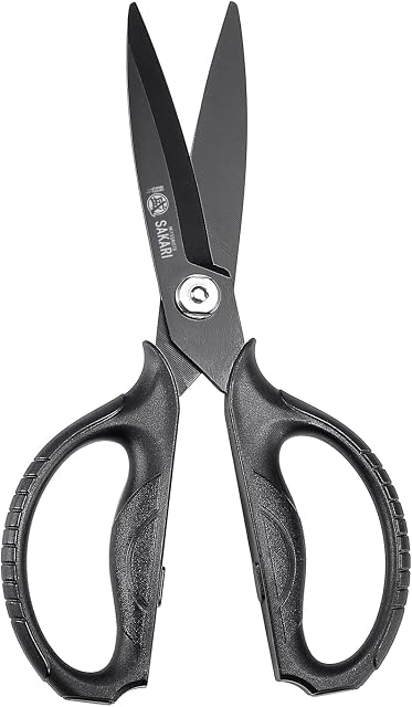 MITSUMOTO SAKARI Japanese Kitchen Scissors All Purpose, Black Titanium Plated Heavy Duty Kitchen Scissors, Multipurpose Cooking and Herb Scissors, Micro Serrated