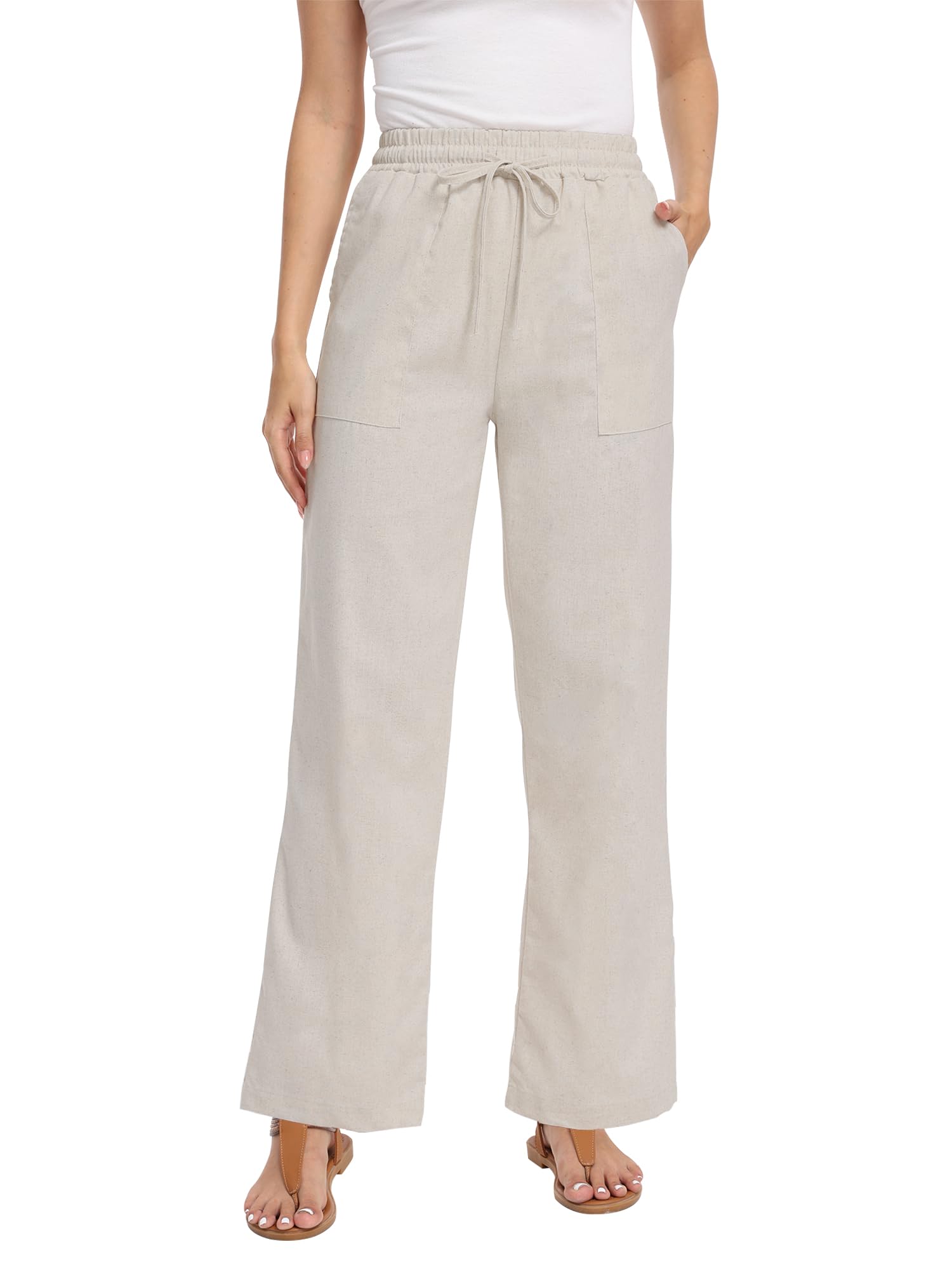 Womens High Rise Linen Blend Pants Summer Casual Trousers with Pockets