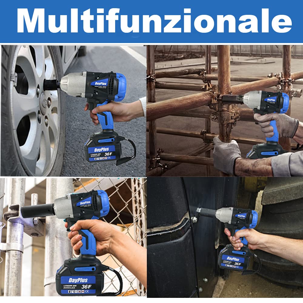 DayPlus Avvitatore ad Impulsi Pneumatico 18V con 2 Batterie 6.0Ah, 420Nm Avvitatori a Massa Battente Porfessionale, Mandrino 13mm, Impulsi/min 0-4400, Avanti e Indietro, Luce LED