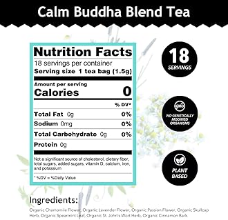 Buddha Teas - Calm Buddha Blend - Organic Herbal Tea - For Health & Wellbeing - Blend of Organic Herbs - Clean Ingredients - Caffeine Free - OU Kosher & Organic - Non-GMO - 18 Bleach-Free Tea Bags