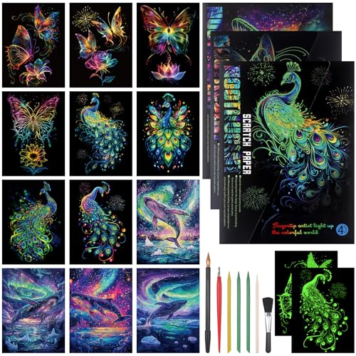 JIANTA Set de Arte de Rascado DIY Kits de Manualidades para Adultos Magic Rainbow Scratch Art A4 Papel (Mariposa + Pavo Real + Ballena Fosforescente)