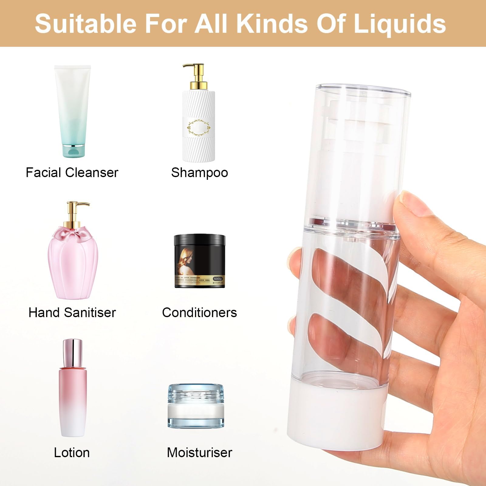 Airless dozownik z pompką, 6 sztuk, 15 ml/30 ml/50 ml, pusta, próżniowe butelki podróżne do napełniania z naklejką, szpatułka, do podróży, balsamów, szamponów, kosmetyków