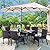 PHI VILLA 7 Piece Patio Dining Set with Umbrella, 60” Rectangular Metal Dining Table & 6 Cushioned Rattan Wicker Chairs & 13ft Large Beige Umbrella for Outdoor, Deck, Yard, Porch