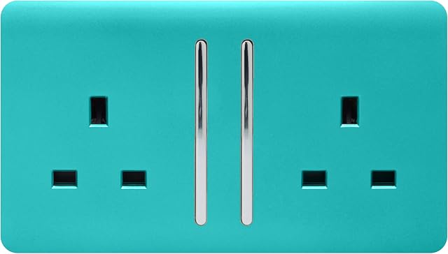 Trendi Switch 2 Gang Artistic Modern Glossy 13 Amp Switched Tactile Plug Socket Bright Teal, ART-SKT213LBT