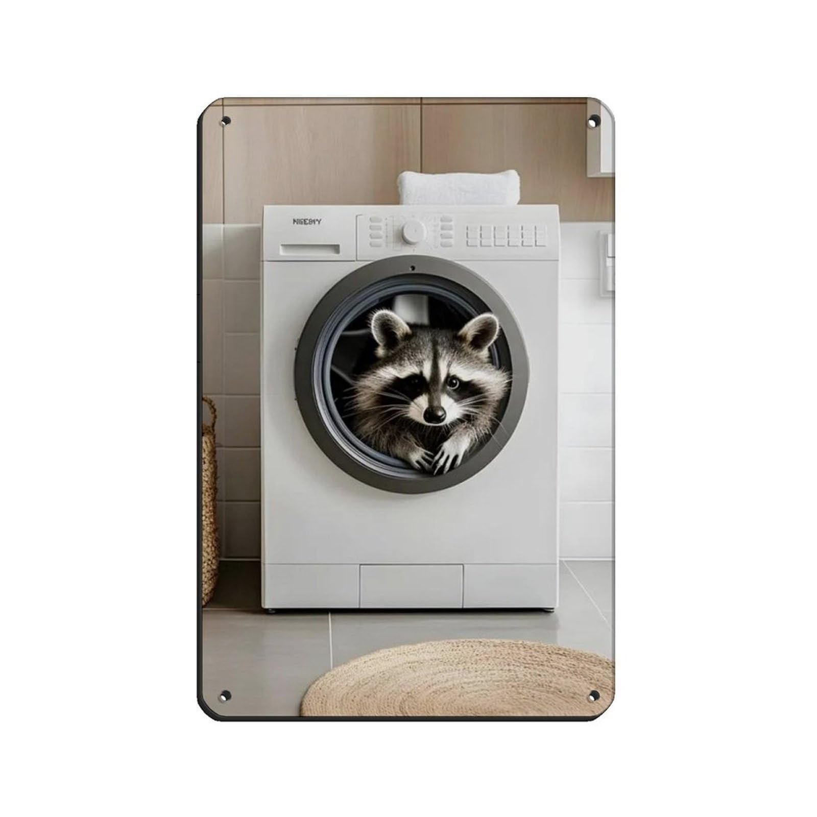 Raccoon in A Washing Machine, Bathroom Art Tin Sign Vintage Metal Pub Club Cafe Bar Home Wall Art Decoration Poster Retro 8x12inch(20x30cm)
