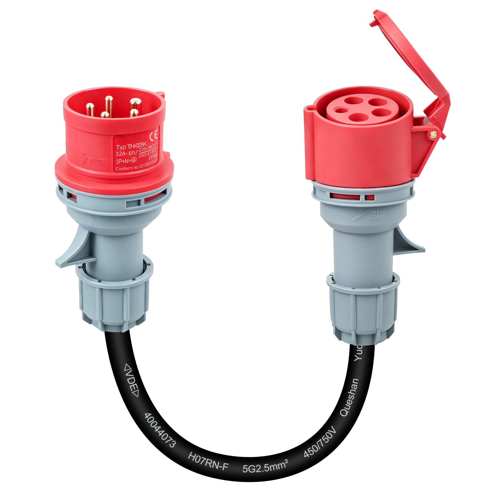 Adapter 32A a 16A, CEE Adapter 32A Stecker auf 16A Kupplung, Starkstrom Adapter 3 Fases con VED 0,5m, Núcleo de cobre 5x2,5mm², 415V máx, IP44 para industria, hogar y carga de vehículos eléctricos
