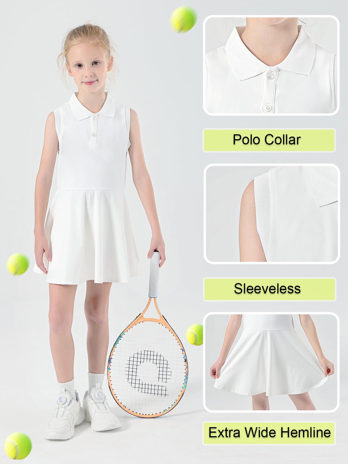 Robe de Tennis pour Filles avec Poches Séparées pour Shorts Robe de Sport Golf sans Manches Tenue de Tennis Polo 5-15 Ans