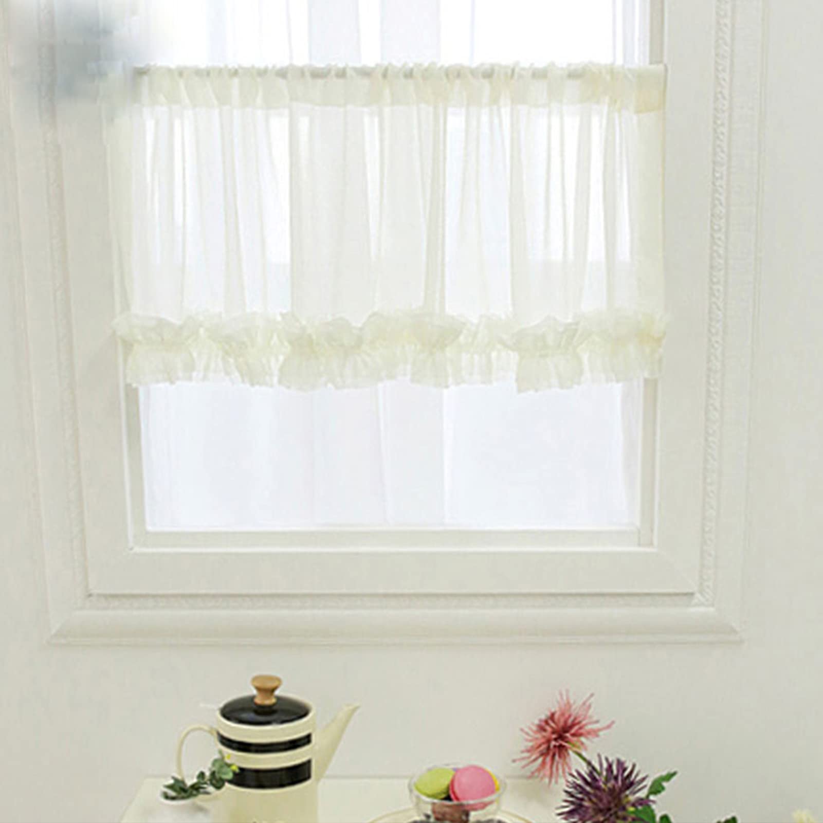 Rideau court de cuisine LUNEZY en voile dentelle blanc pour bistrot et balcon