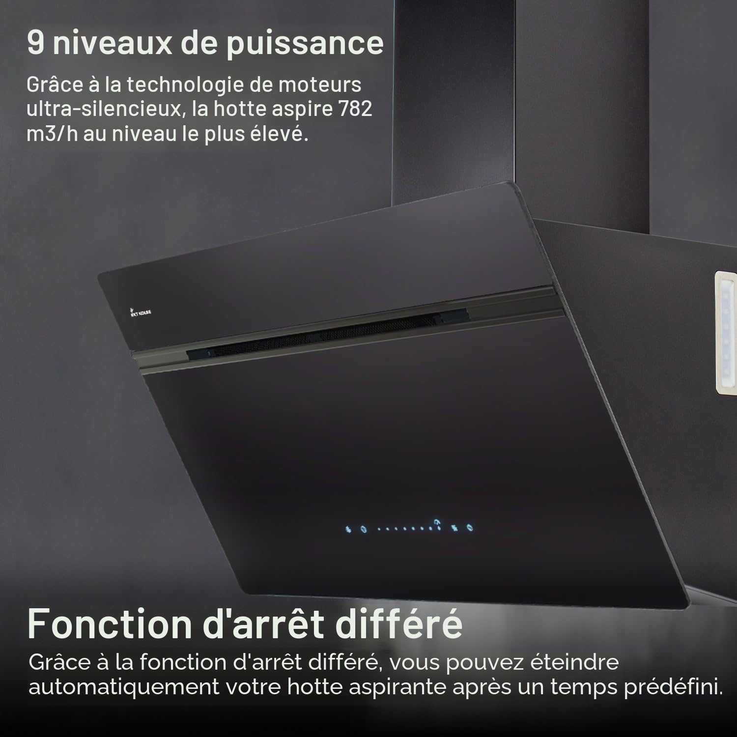 KKT KOLBE AURORA9005FB Hotte aspirante 90 cm 782 m³/h à recirculation d'air évacuée Hotte murale sans tête | Noir | Verre | Fonction de suivi automatique | Application Smart WiFi | SensorTouch |