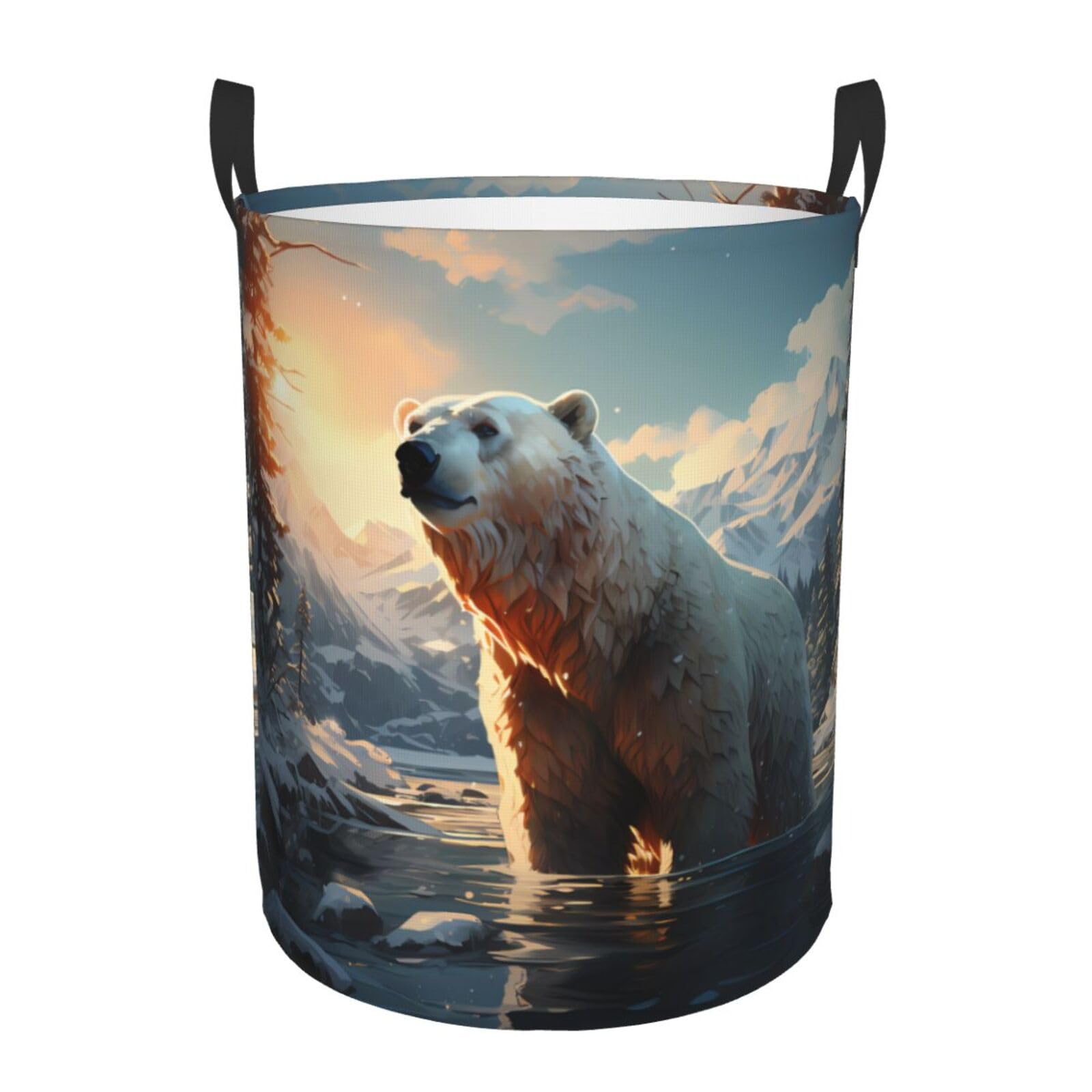 S Collapsible Polar bear in winter Print Circular Hamper Round