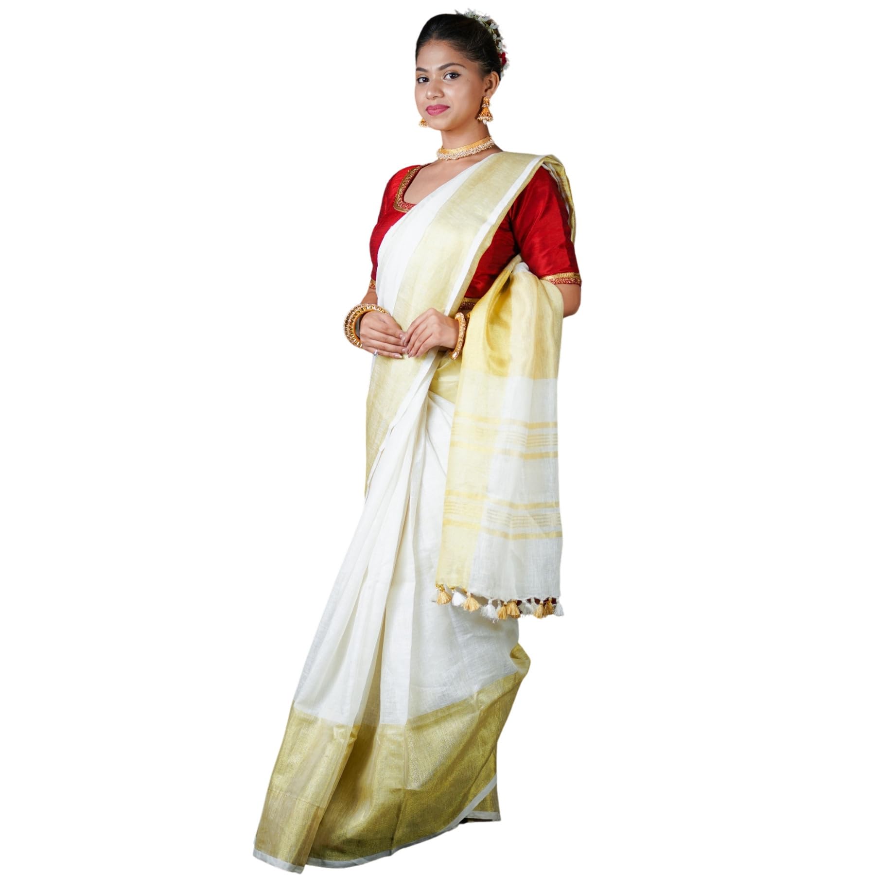 THE RAKSHA STORE White Gold - Linen Saree with Golden Broad Border