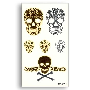 3D Temporary Tattoo Golden And Silver Metallic Sticker Skulls Danger Sign Design Size 10.5x6CM - 1PC.