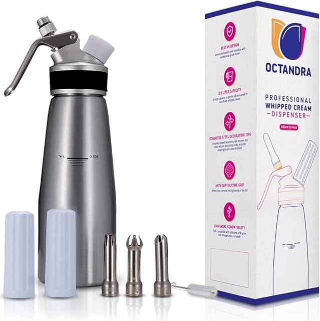 Seven Petals Professional Whipped Cream Dispenser  1 Pint Aluminum Cream Whipper Canister - Whipping Siphon - Whip Cream Maker with 3 Stainless Steel Tips, 2 Charger Holders, Brush & Storage Cap
