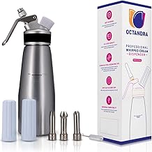 OCTANDRA Professional Whipped Cream Dispenser – 1 Pint Aluminum Cream Whipper Canister - Whipping Siphon - Whip Cream Maker with 3 Stainless Steel Tips, 2 Charger Holders, Brush & Storage Cap