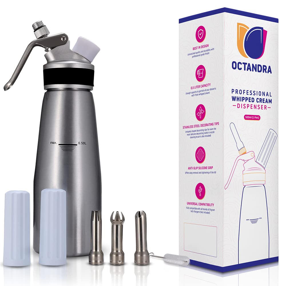 OCTANDRA Professional Whipped Cream Dispenser 1 Pint Aluminum Whipper Canister - Whipping Siphon - Cream Maker with 3 Stainless Steel Tips, 2 Charger Holders, Brush & Storage Cap