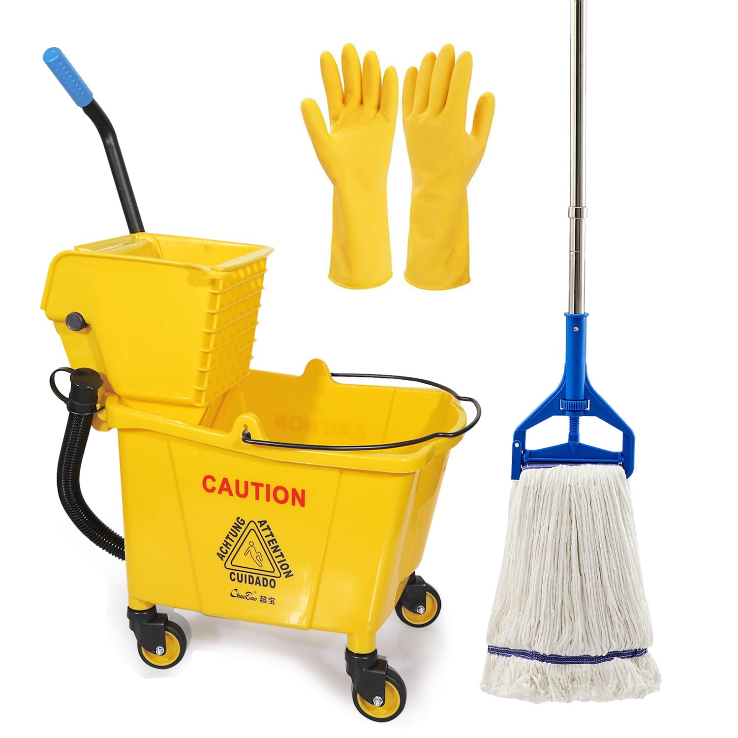 Commercial Mop Bucket with Side- Press Wringer Combo on Wheels, 35QT, Yellow,Including One Heavy Duty Industrial Mop and One Set Large Rubber Cleaning Gloves