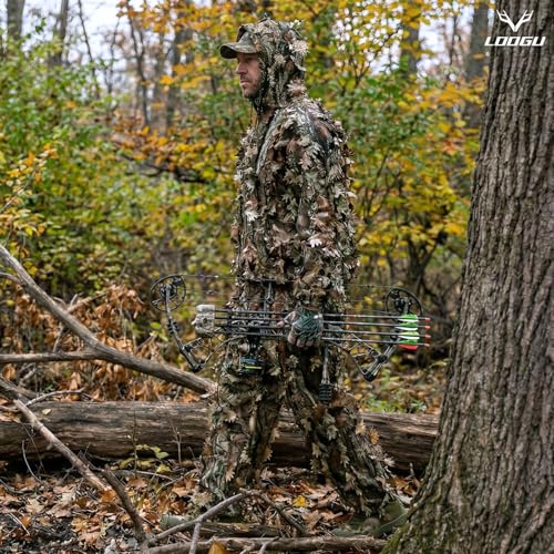 LOOGU Hunting Ghillie Suit, 3D Leafy Camo Suit Military and Shooting Accessories Tactical Gear Clothing for Airsoft, Wildlife Photography Halloween SUPER2.0 3D leaf set, 3XL Fit tall 6.2-6.5ft