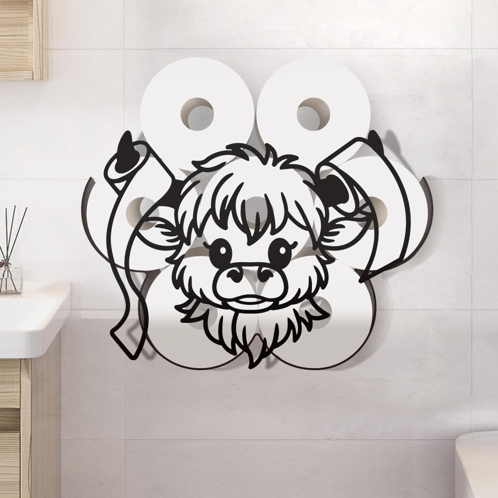 WADORN Highland Cow Metal Toilet Paper Holder for Extra 8 Rolls, Black Highland Cows Toilet Tissue Storage Decorative Toilets Paper Rolls Organizer Wall Mounted for Bathrooms Home Office — image 1