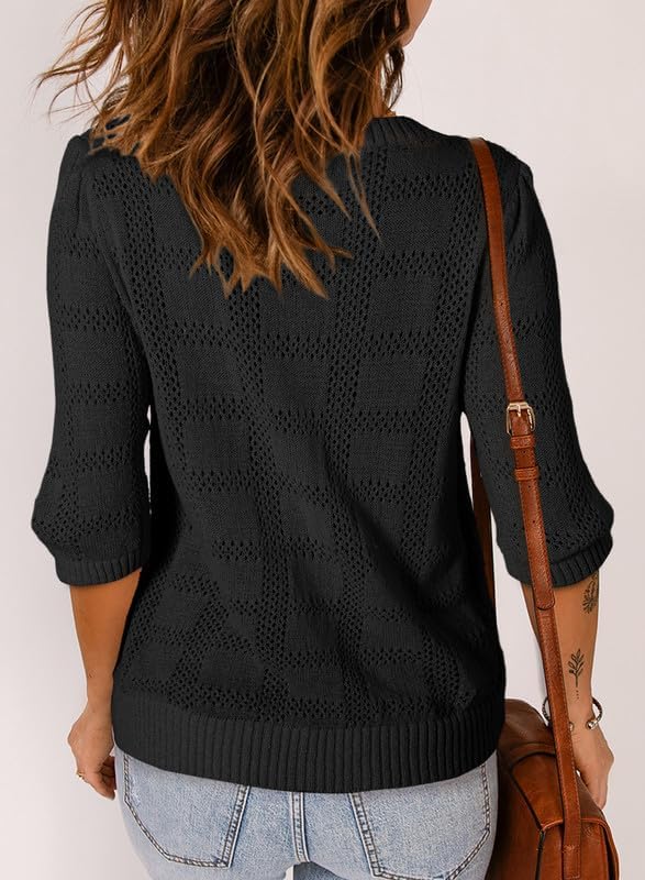 Dokotoo Womens Fashion Ladies Plus Size Summer 3/4 Short Sleeve Tunic Tops for Women Trendy Blouses Solid Color Pullover Sweaters Casual T-Shirts Work Business Loose Tee Shirts Black XX-Large - Image 5