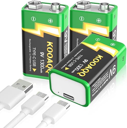 Batería de litio de 9 V alta capacidad 1300 mAh con cable de carga USB 2 en 1 baterías cuadradas recargables de 9 voltios para detectores de